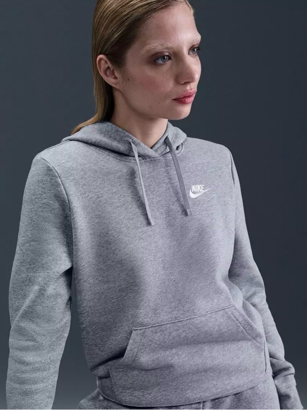 0289 Nike Women's Light Gray Pullover Hoodie with White Logo